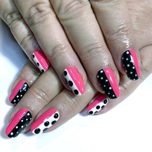 Black And White Dotted Hot Pink Nails