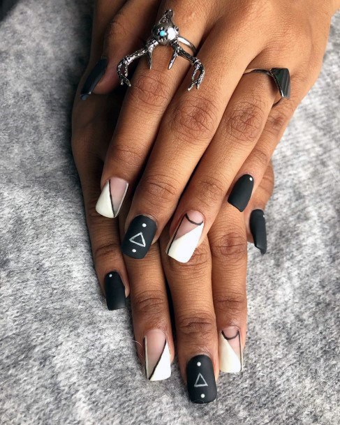 Black And White Egyptian Themed Square Nails