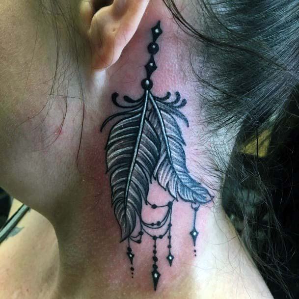 Black And White Feathered Chain Tattoo Womens Behind The Ear