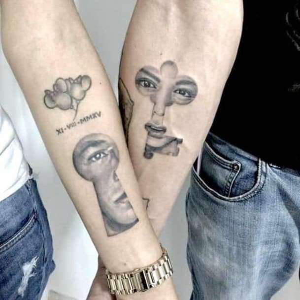 Black And White Key And Lock With Eyes Couple Tattoo Forearms