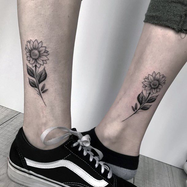 Black And White Matching Sunflower Sister Tattoo Womens Ankle