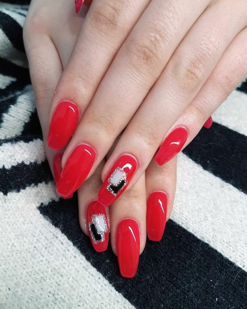 Black And White Patch Art On Brick Red Women Nails