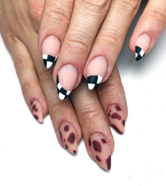 Black And White Plaid Checks French Manicure Women