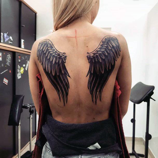 Black Angel Wings Tattoo Womens Back