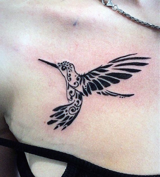Black Angled Hummingbird Tattoo Womens Chest
