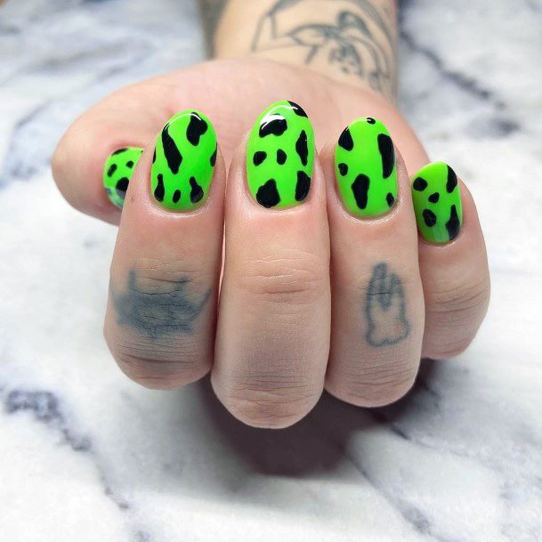 Black Animal Skin Pattern On Lime Green Nails