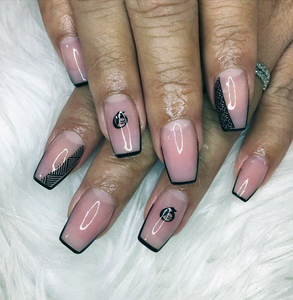 Black Art Work On Clear Pink Nails Women