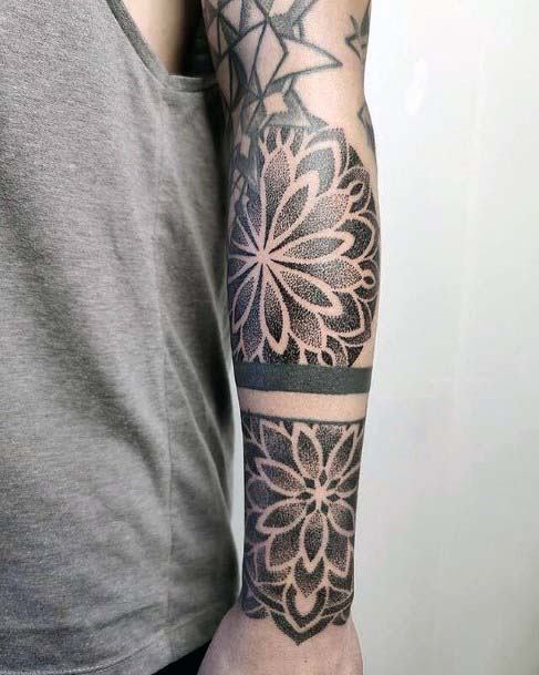 Black Band And Geometric Designed Floral Tattoo Womens Hands