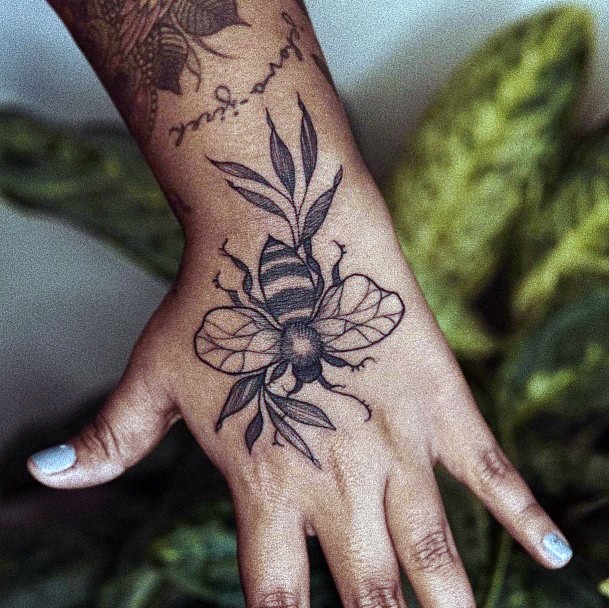 Black Bee And Leaf Tattoo Womens Hands