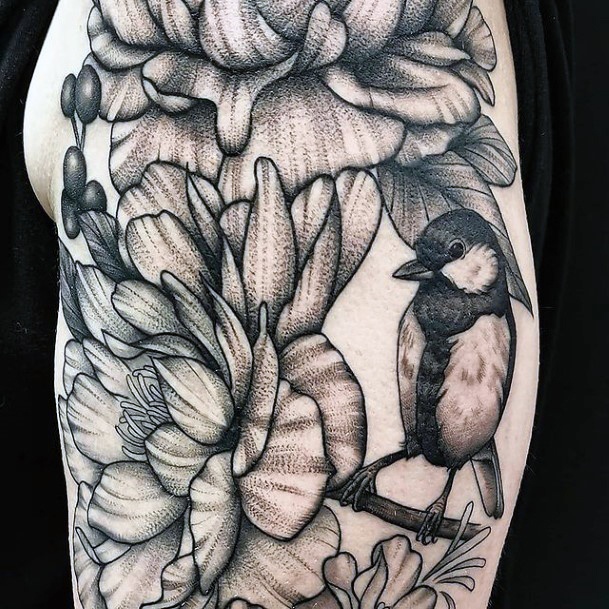 Black Bird And Flowers Tattoo Arms