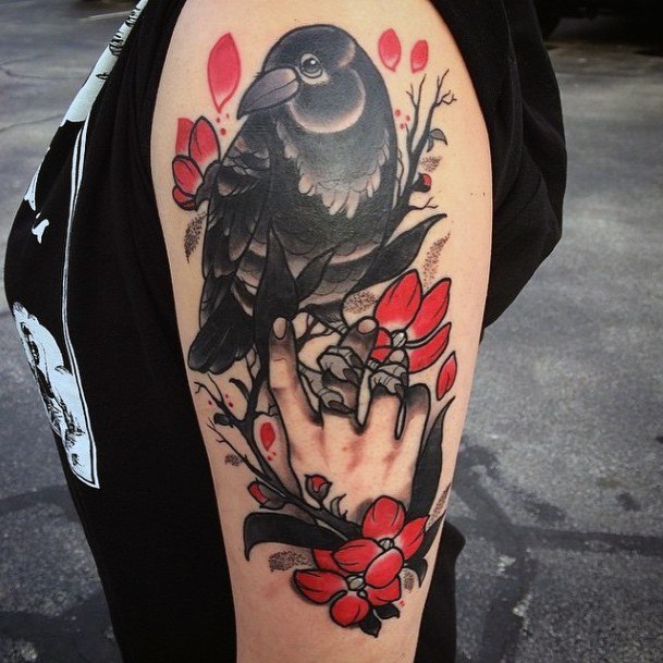 Black Bird And Orange Flowers Tattoo Womens Arms