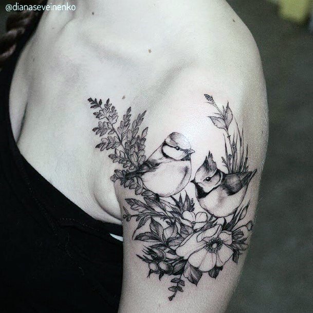 Black Birds And Flower Tattoo Womens Arms