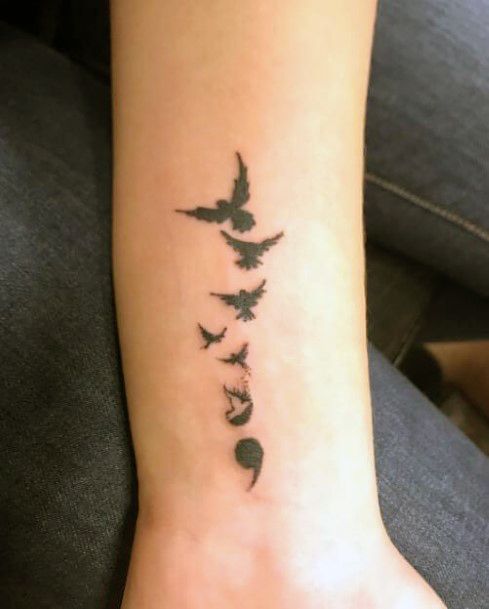 Black Birds And Semicolon Tattoo Womens Forearms