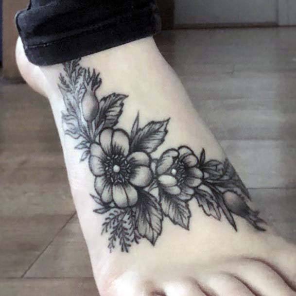 Black Blossoms Tattoo Womens Foot