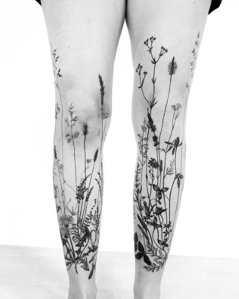 Black Blossoms Tattoo Womens Legs