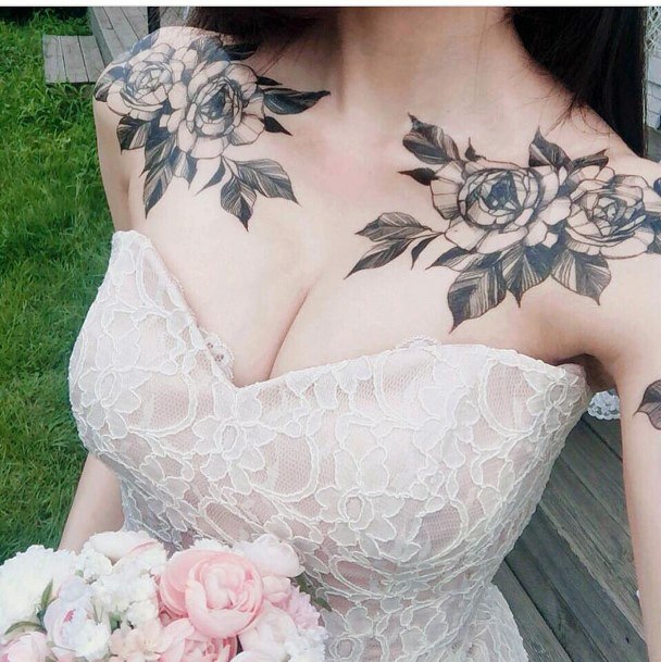 Black Blossoms Womens Chest Tattoo