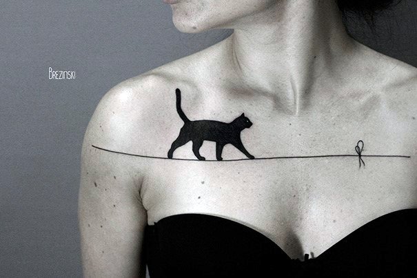 Black Cat On A Rope Tattoo For Womens Chest Art