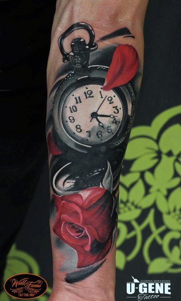 Black Clock And Red Roses Tattoo Women
