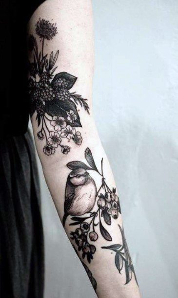 Black Colored Florals And Bird Tattoo Womens Hands
