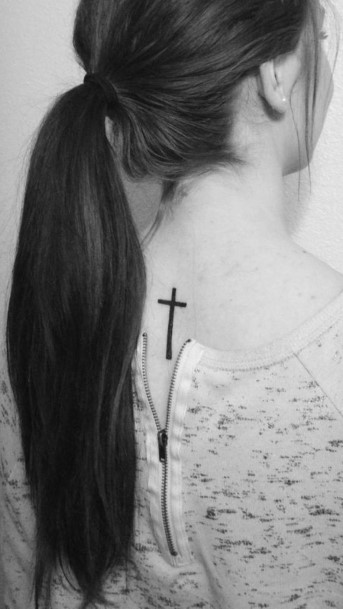 Black Cross Tattoo Womens Back