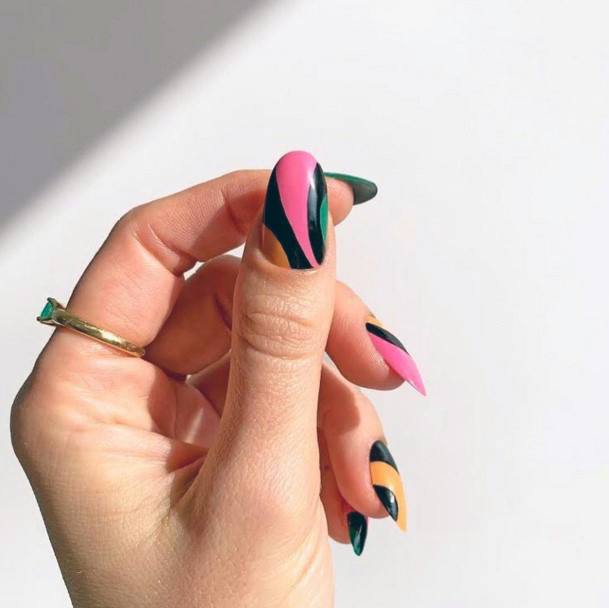 Black Curved Art On Colorful Nail Ideas For Women