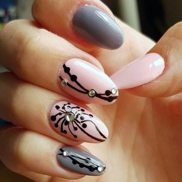 Black Design With Crystal On Pink And Grey Nails For Women