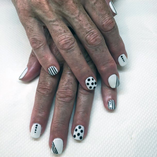 Black Dots And Stripes On Short White Nails Women