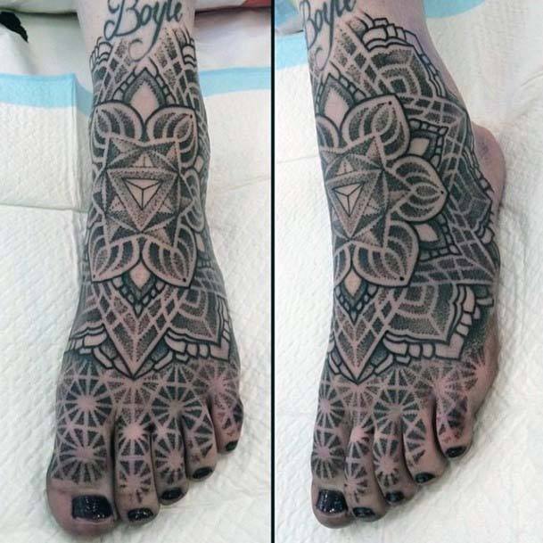 Black Dotted Design Tattoo Womens Foot