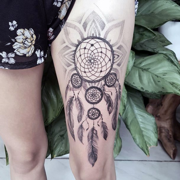 Black Dotted Dream Catcher Tattoo Womens Thighs