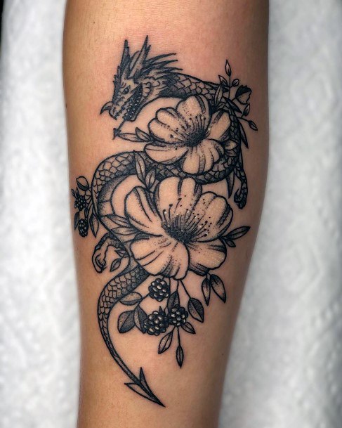 Black Dragon And Floral Tattoo Womens Arms