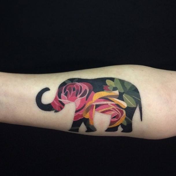 Black Elphant With Floral Design Tattoo Womens Forearms