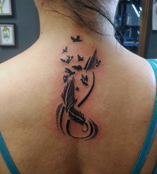 Black Feather And Birds Infinity Tattoo On Back Women