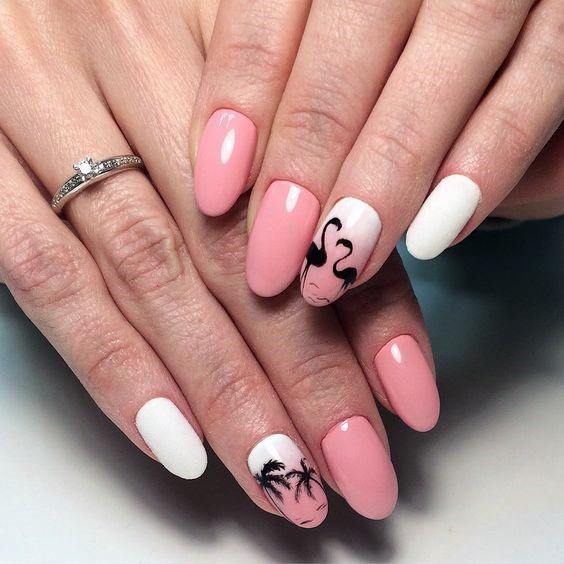 Black Flamingos On Pink White Nails Women