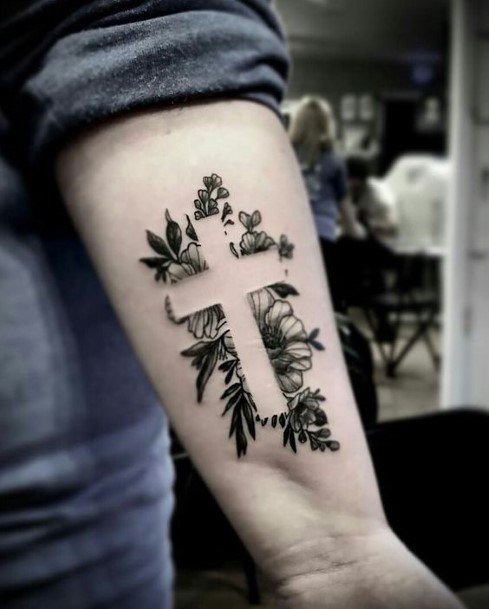 Black Flora And Cross Tattoo Forearms Women