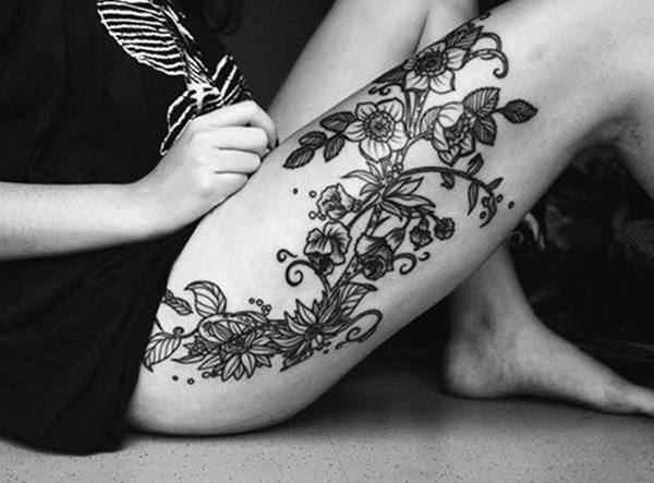 Black Floral Plant Tattoo Womens Thighs