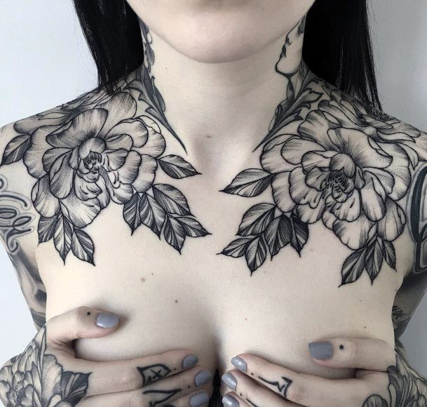 Black Florals And Leaves Womens Chest Tattoo