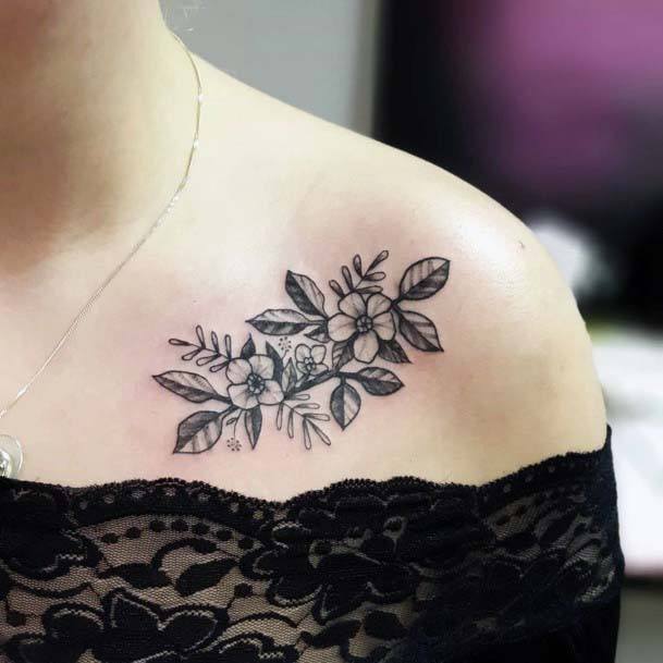 Black Florals Tattoo Womens Collarbone