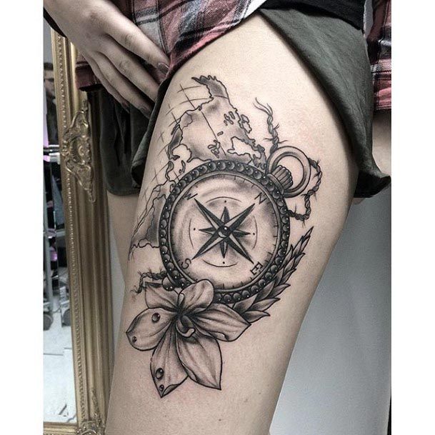Black Flower And Compass Tattoo Womens Legs