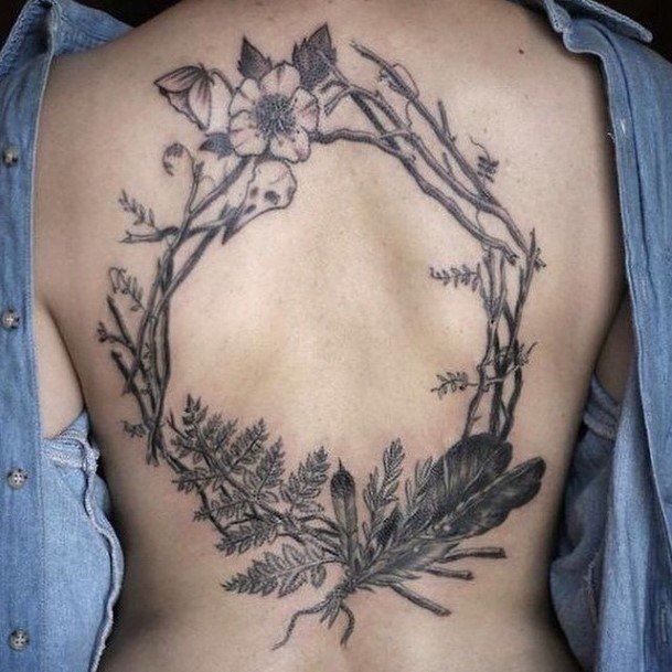 Black Flower Branches And Feather Tattoo Womens Back