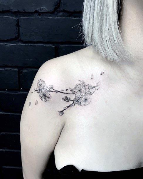 Black Flowers Lovely Shoulder Tattoo Women