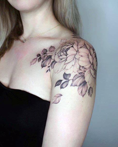 Black Flowers Womens Shoulder Tattoo