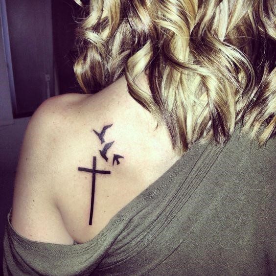 Black Flying Birds And Cross Tattoo Womens Back