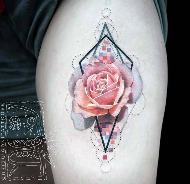 Black Geometric Lines And Red Rose Tattoo Women