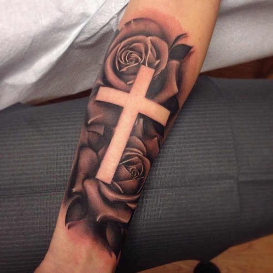 Black Gigantic Roses And Cross Tattoo Womens Forearms
