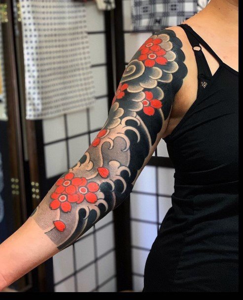 Black Grey Red Art Cherry Blossom Tattoo For Women Japanese Style