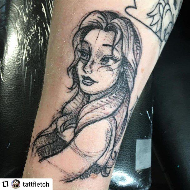 Black Grey Sketch Belle Arm Minimal Beauty And The Beast Tattoo For Women