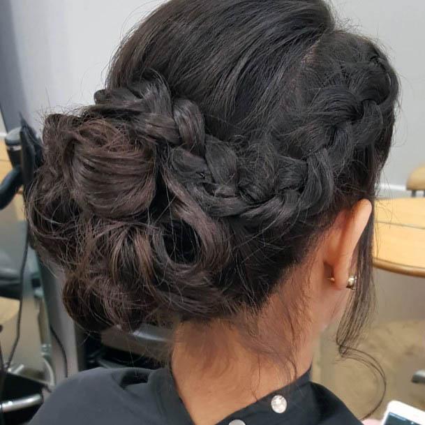 Black Hair Braided Crown Into Curled Bun