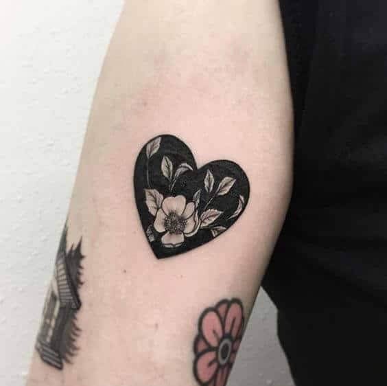 Black Heart With Floral Tattoo Womens Arms