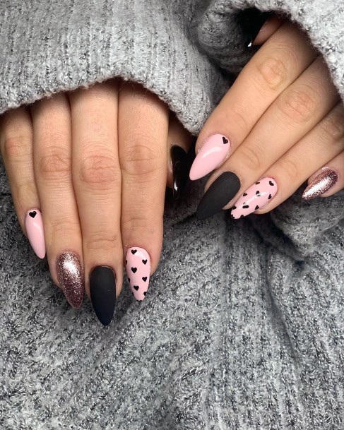 Black Hearts And Pink Nail Ideas For Women