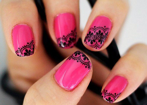 Black Henna Art On Hot Pink Nails